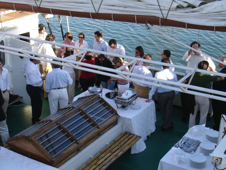Corporate event with onboard buffet, people enjoying