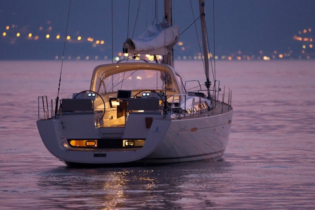 Luxury sailboat at dusk in Lisbon (rear view)