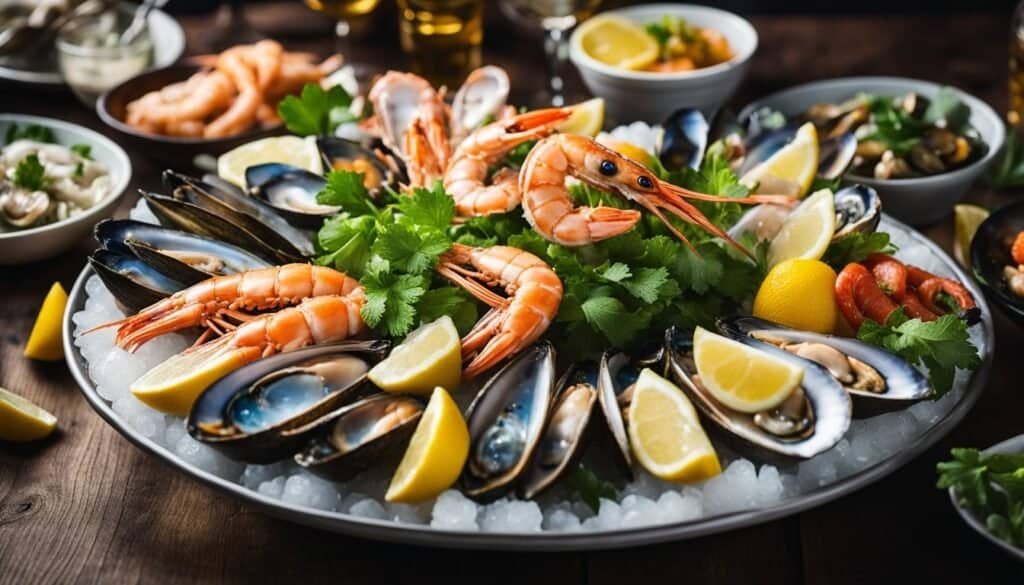 Plato de marisco fresco con gambas, ostras y rodajas de limón