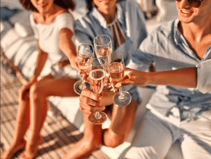 Friends toasting during their boat tour