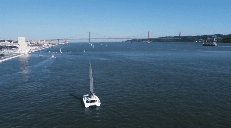 Panoramic view of the Bali 54 and the wonderful 25 de Abril Bridge, on the Tagus River