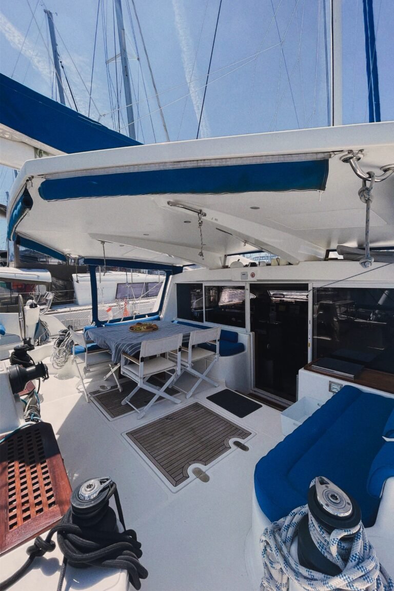 Dining table on the outer deck of the catamaran for catering and social events