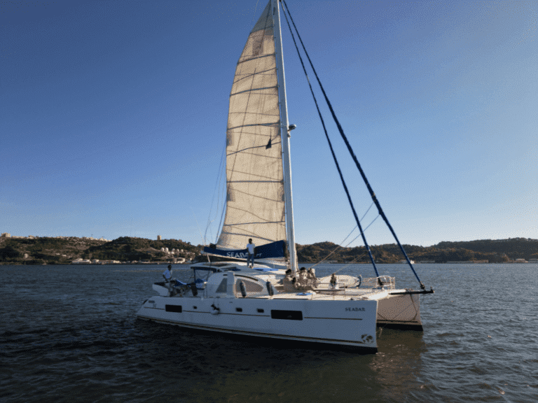 Side view of a white twin-hull catamaran sailing on the Tagus River under a clear blue sky. The main sail is fully hoisted and filled by the wind. People relax on the deck and on the front net. In the background, the Lisbon coastline with green hills and historical buildings in the sunlight.