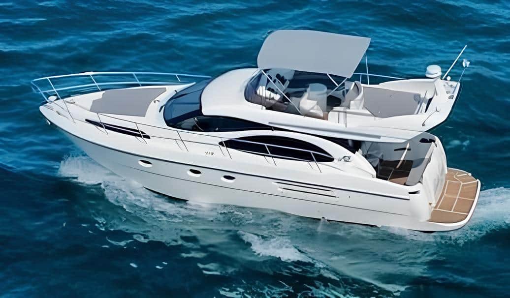 Vista en ángulo del yate Azimut 46 mostrando el diseño de la cubierta y el flybridge.