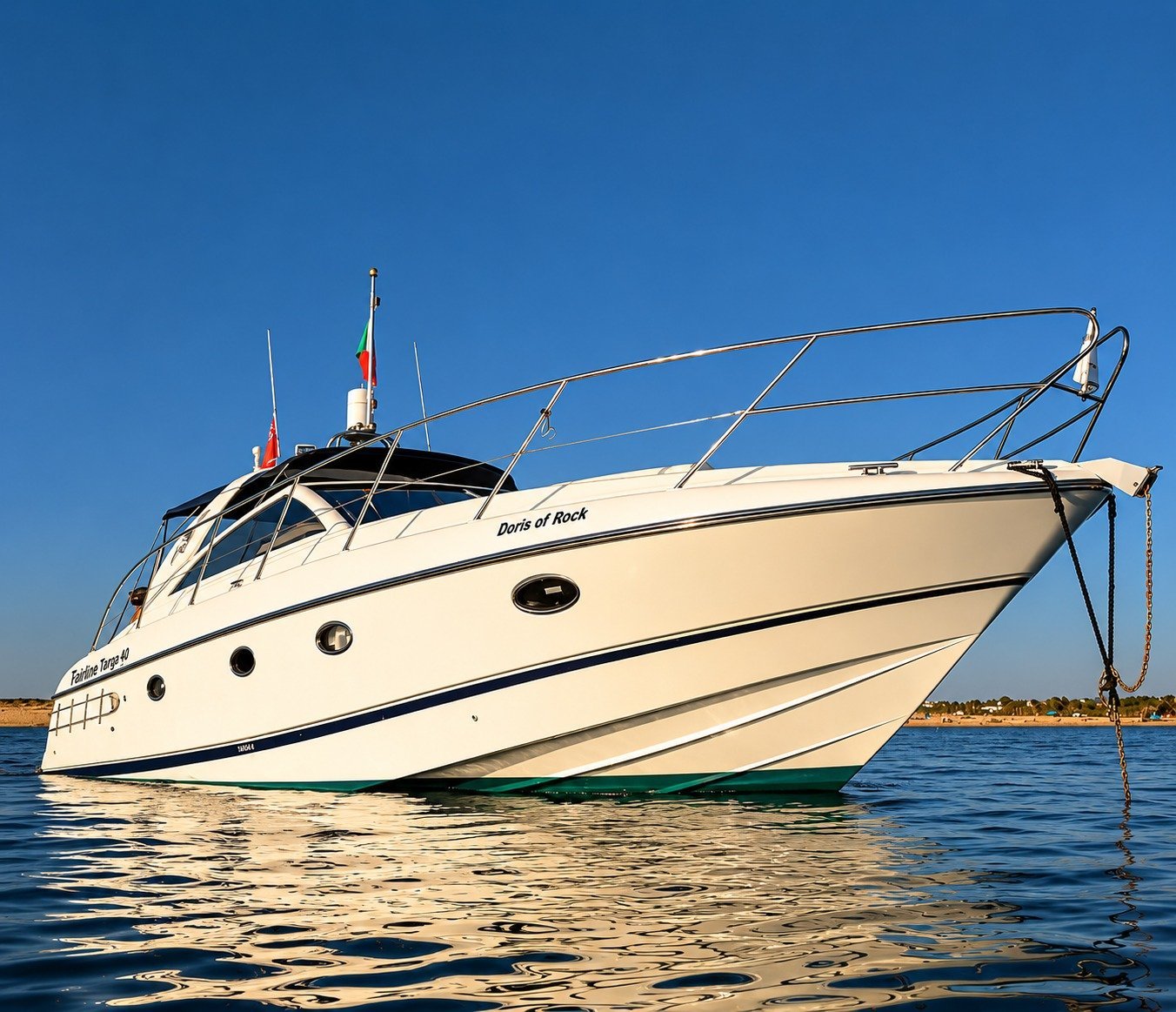 Le Doris of Rock, un yacht à moteur Princess V42, est amarré dans des eaux calmes sous un ciel bleu limpide. Ce bateau de 42 pieds (environ 13 m), doté d’une coque élégante et d’un profil sportif, est disponible à la location avec équipage au départ de la marina de Vilamoura. Idéal pour des sorties d’une demi-journée ou d’une journée entière, il allie sophistication et performances.