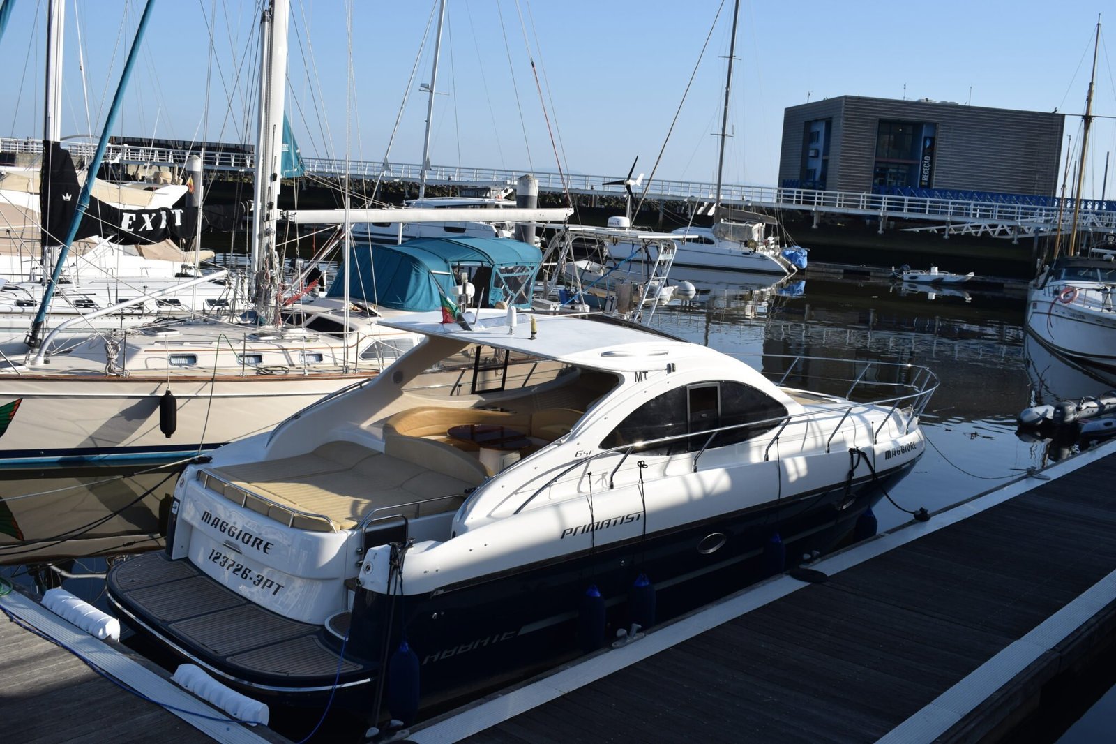 The luxury yacht Maggiore is docked at the Lisbon marina for private cruises on the Tagus River.